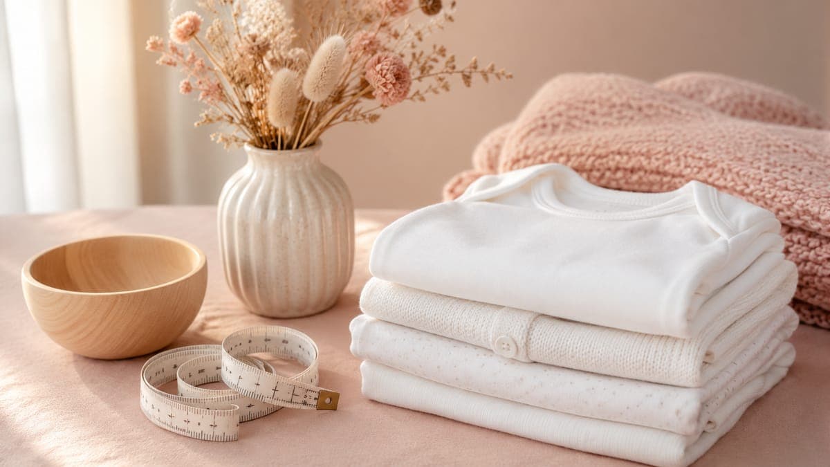 Baju bayi terlipat, bunga kering, dan meteran kain di atas permukaan warna blush