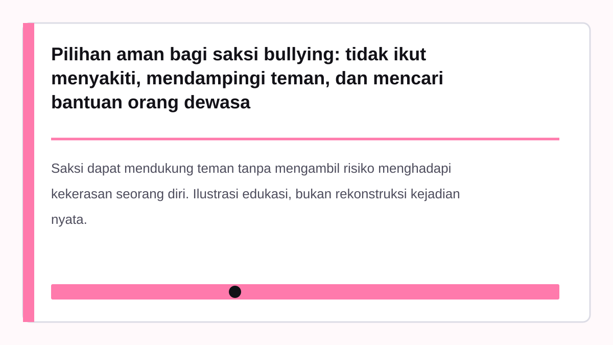 Pilihan aman bagi saksi bullying: tidak ikut menyakiti, mendampingi teman, dan mencari bantuan orang dewasa