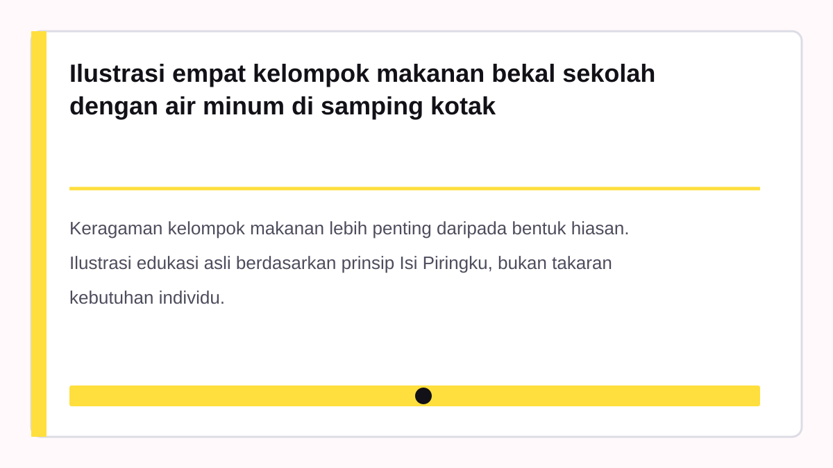 Ilustrasi empat kelompok makanan bekal sekolah dengan air minum di samping kotak