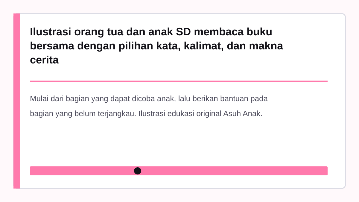 Ilustrasi orang tua dan anak SD membaca buku bersama dengan pilihan kata, kalimat, dan makna cerita